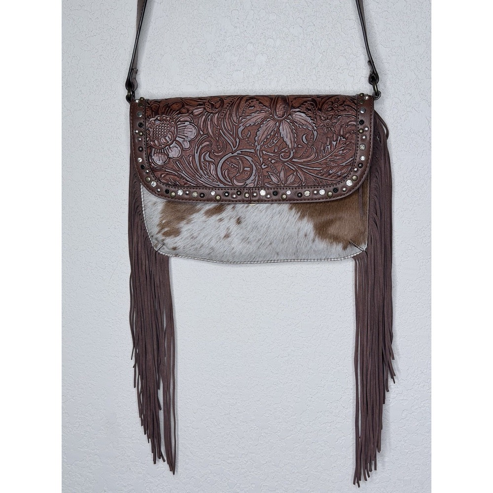 Shyanne Tooled Leather Fringe Cowhide Crossbody Bag Purse Western Festival